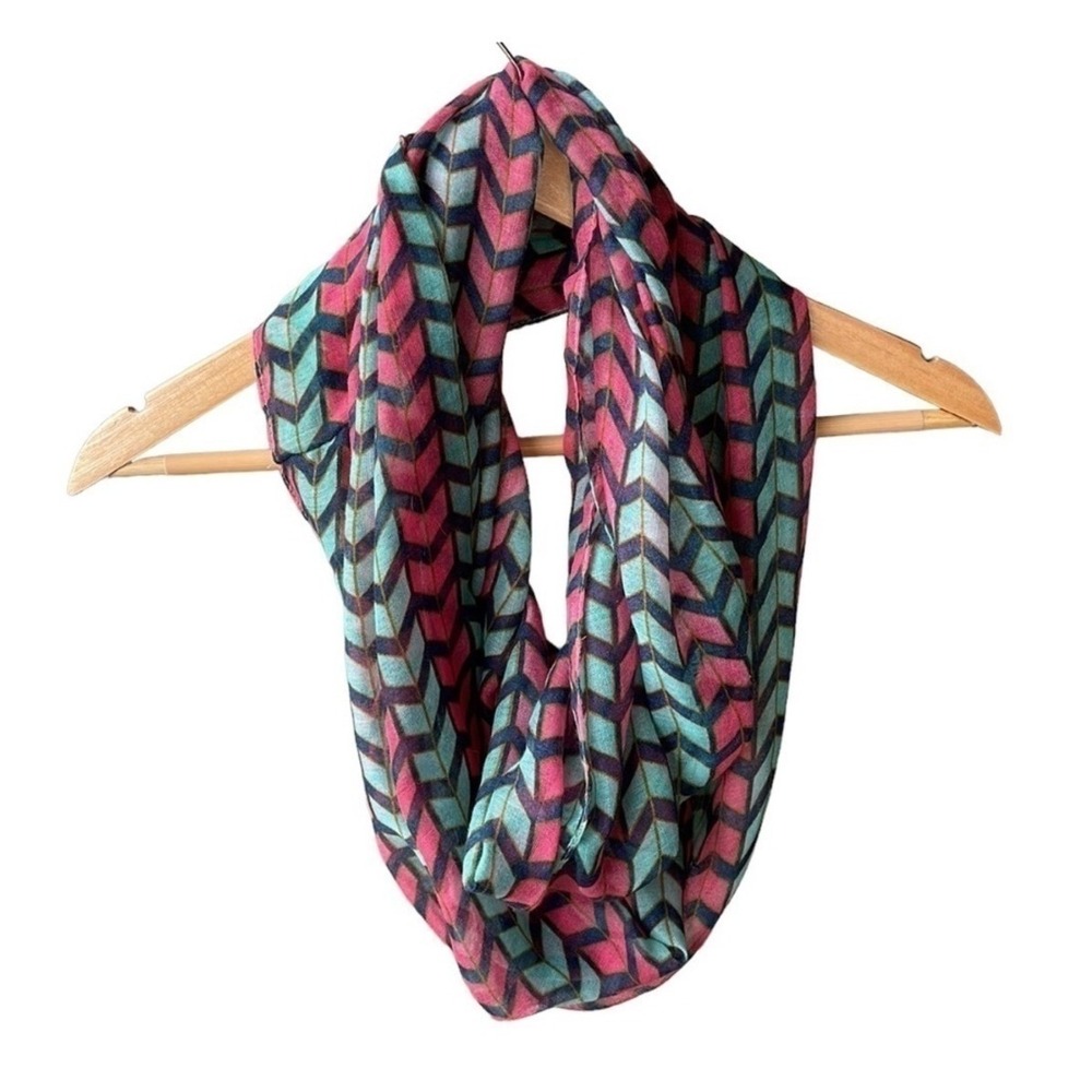 Pick Your Plum Infinity Scarf Wrap Pink Teal Chevron Geometric Boho Accessory